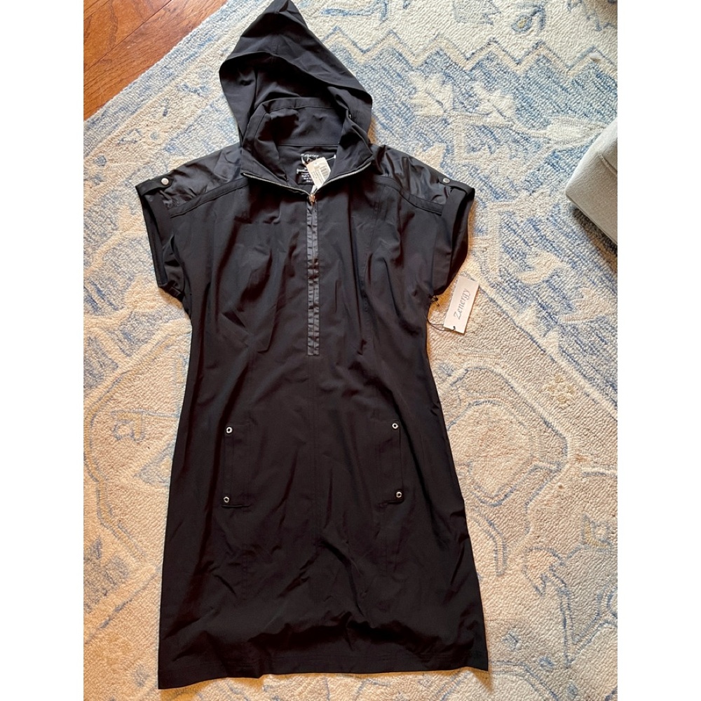 NWT Zenergy by Chico’s women’s black front zip dress with hood; size 2